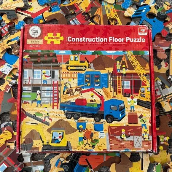 Toddler Puzzle - Wooden Floor Puzzle - 48 Pieces - Construction Site with Trucks - Picture 2 of 4